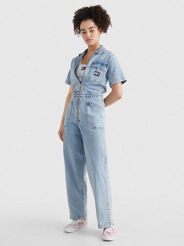Női Tommy Hilfiger Badge Logo Denim Coverall Jumpsuit Szoknya Kék | HU 321RVD